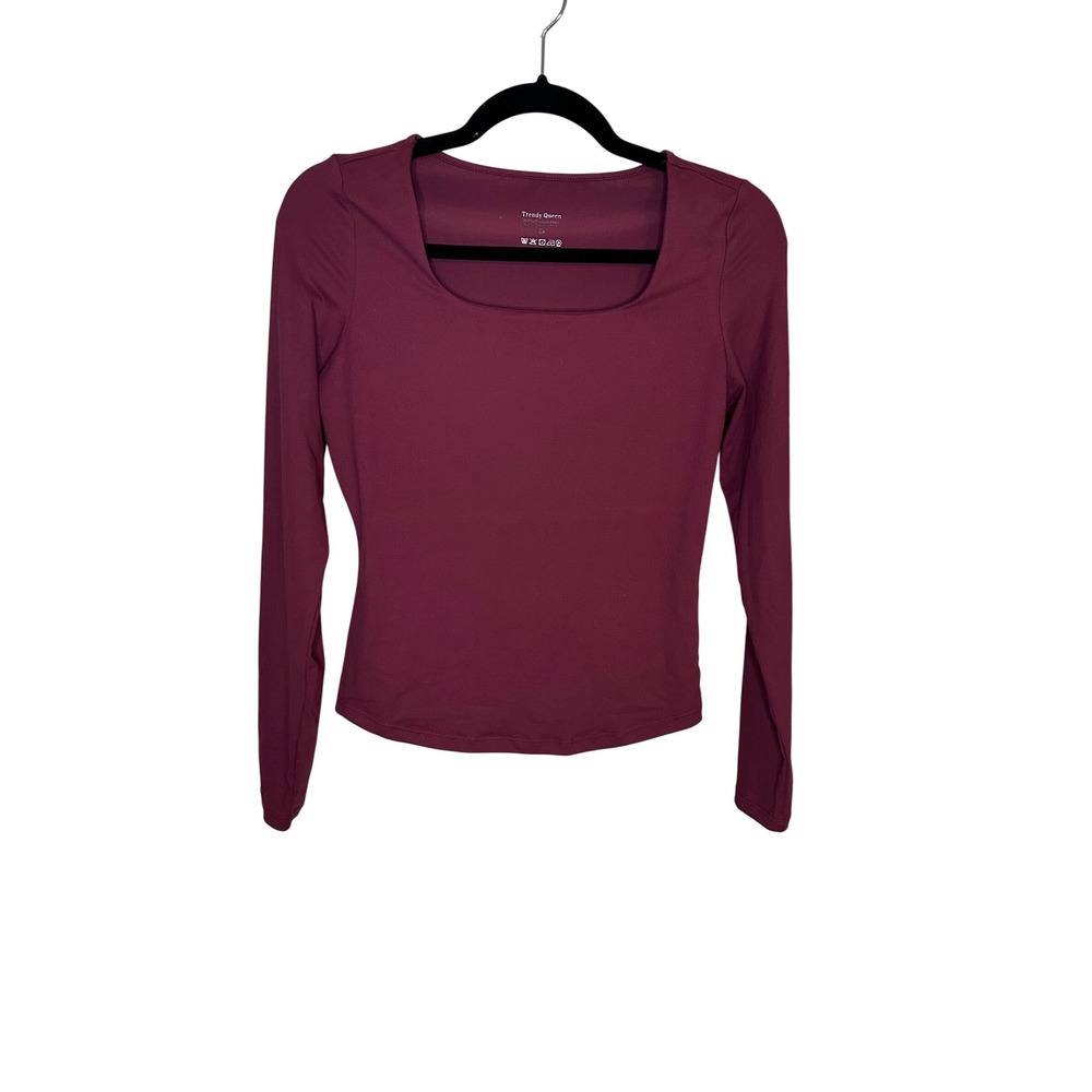 Trendy Queen‎ Burgundy Square Neck Long Sleeve Fitted Top Size S